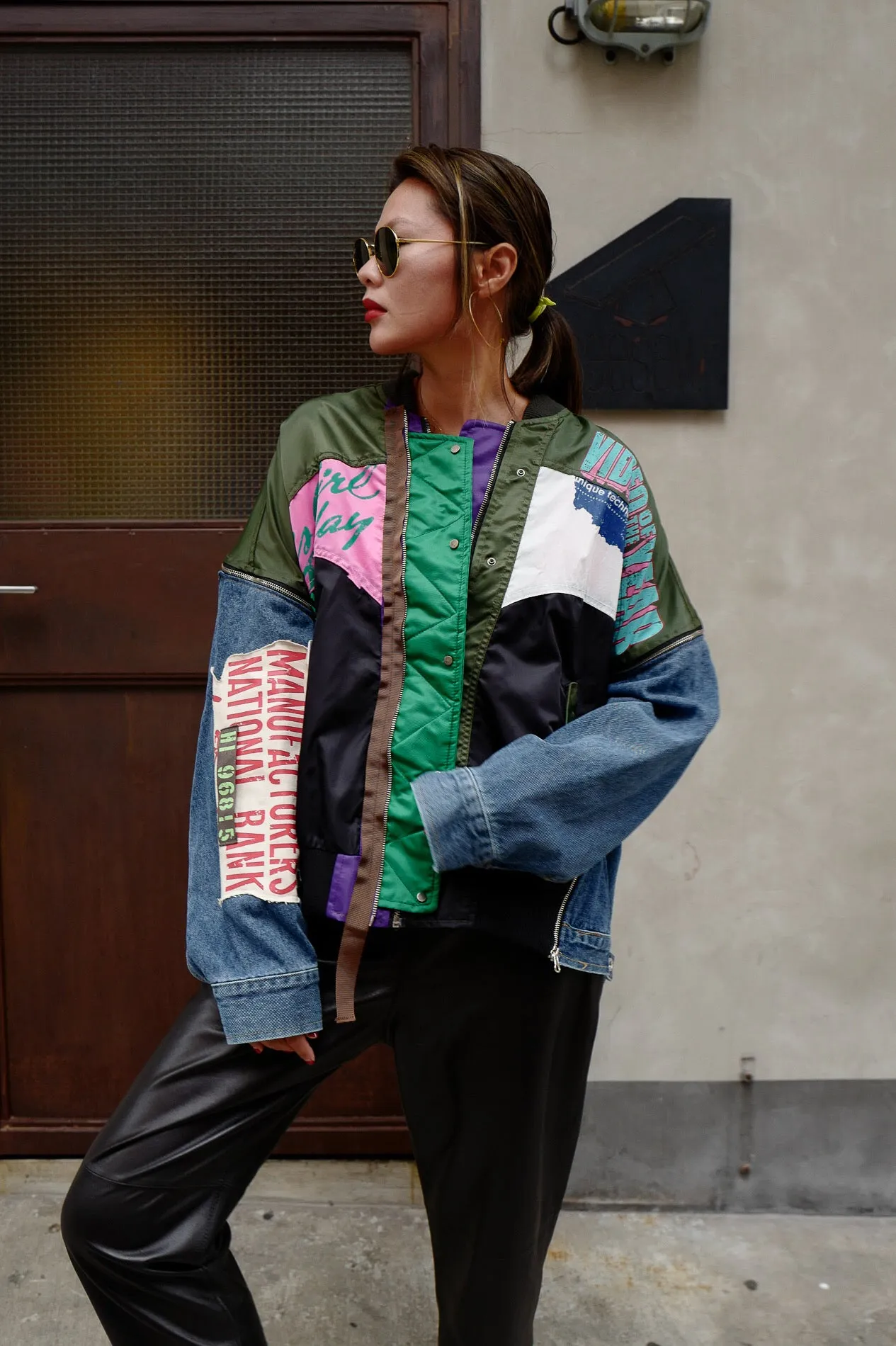 ( BEIGE / GREEN ) PATCHWORK MA1 DENIM JACKET *MUST BUY*