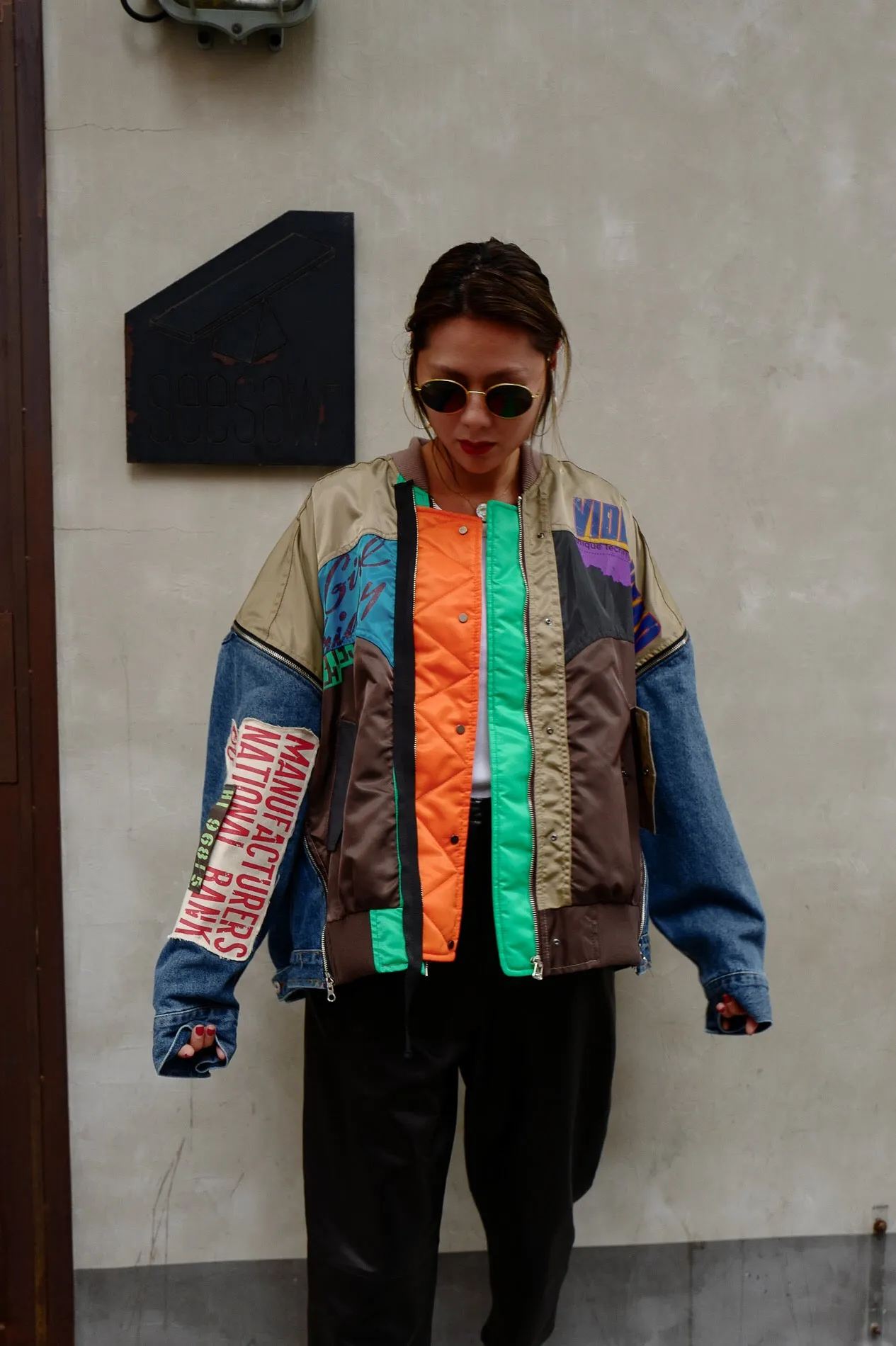 ( BEIGE / GREEN ) PATCHWORK MA1 DENIM JACKET *MUST BUY*