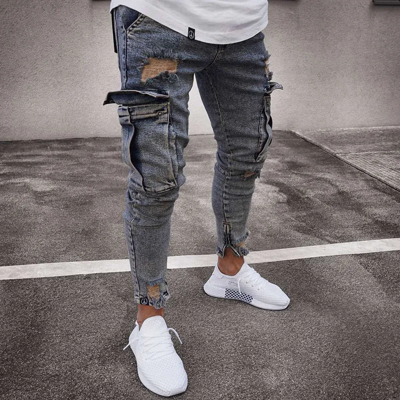 2023 Autumn Multi Pocket Destroyed Frayed Slim Fit Denim Pant Casual Men Zipper Blue Jeans Pants Ripped Stacked Skinny Jeans