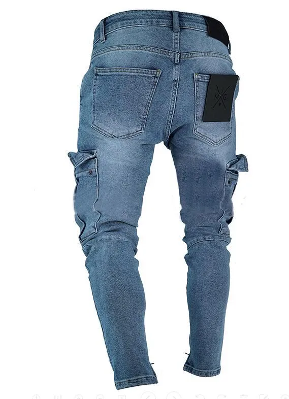 2023 Autumn Multi Pocket Destroyed Frayed Slim Fit Denim Pant Casual Men Zipper Blue Jeans Pants Ripped Stacked Skinny Jeans