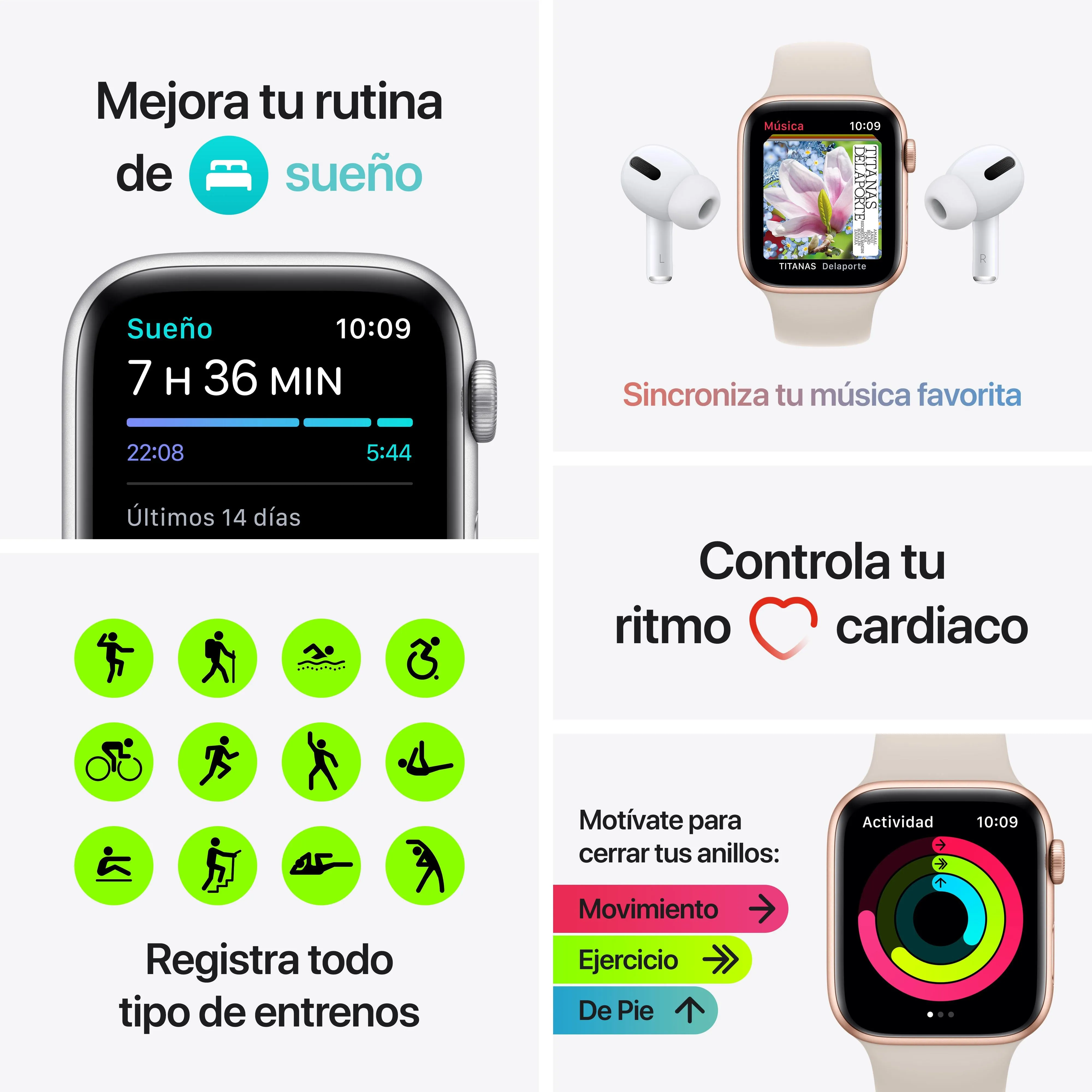 Apple Watch SE (GPS) - Caja de aluminio en oro de 44 mm - Correa deportiva blanco estrella - Talla única