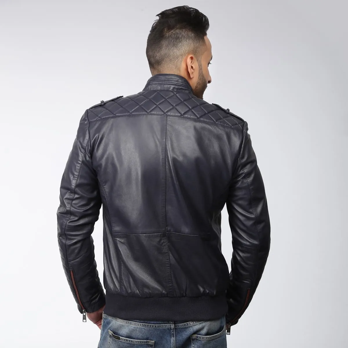 Blue Quilted Details Leather Bomber Jacket By Bareskin