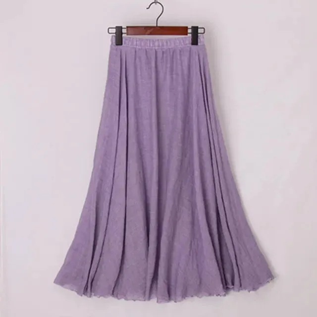 High Quality Cotton Linen Maxi Skirt Womens Casual Elastic High Waist Pleated A-Line Beach Skirts Boho Saia Feminina Faldas Jupe