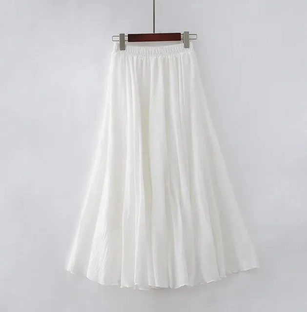 High Quality Cotton Linen Maxi Skirt Womens Casual Elastic High Waist Pleated A-Line Beach Skirts Boho Saia Feminina Faldas Jupe