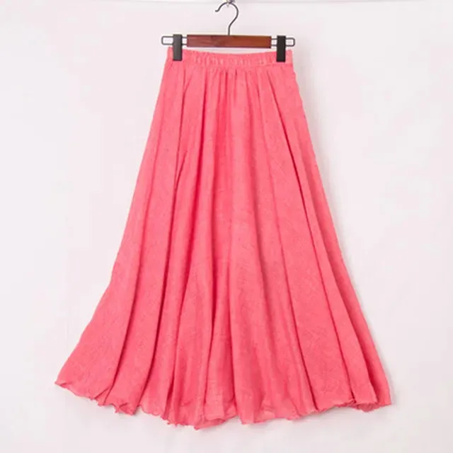 High Quality Cotton Linen Maxi Skirt Womens Casual Elastic High Waist Pleated A-Line Beach Skirts Boho Saia Feminina Faldas Jupe