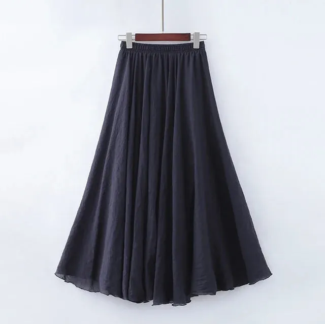 High Quality Cotton Linen Maxi Skirt Womens Casual Elastic High Waist Pleated A-Line Beach Skirts Boho Saia Feminina Faldas Jupe