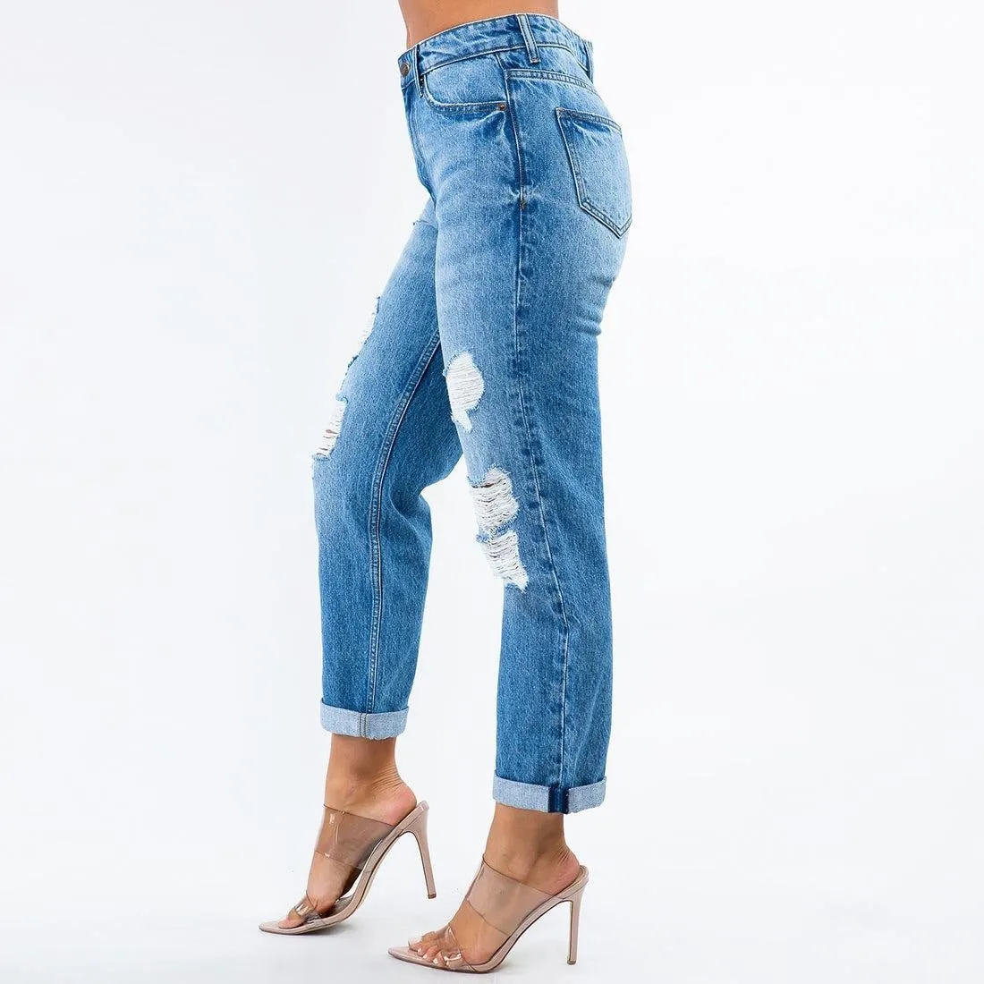 High Waist Distressed Boyfriend Jeans