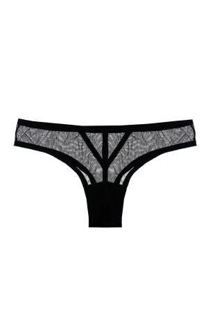 Panty negro tipo tanga con transparencia para mujer