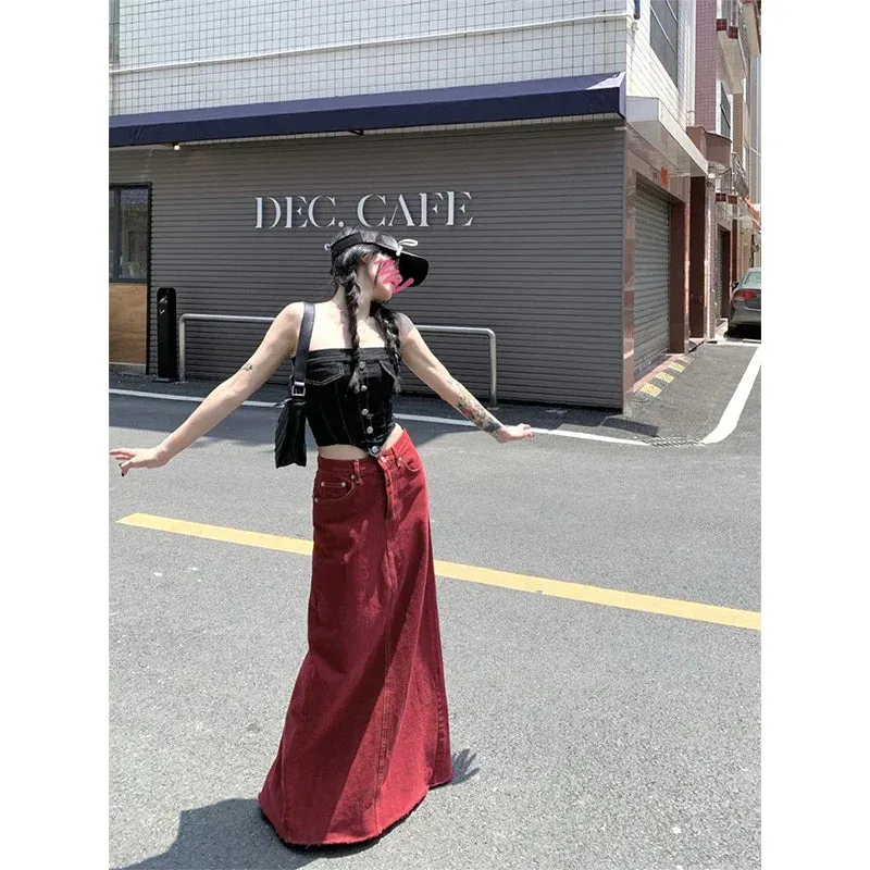 S-3Xl Vintage Slit Denim Midi Skirts Women Y2K Red High Waist Wrap Jean Skirt Summer Korean Sexy Split Slim A Line Faldas