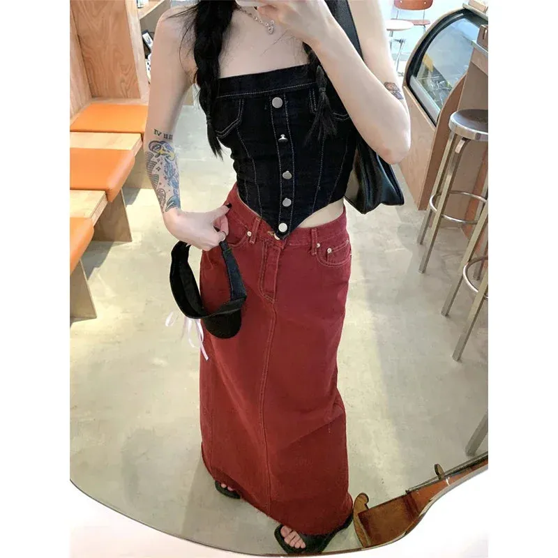 S-3Xl Vintage Slit Denim Midi Skirts Women Y2K Red High Waist Wrap Jean Skirt Summer Korean Sexy Split Slim A Line Faldas