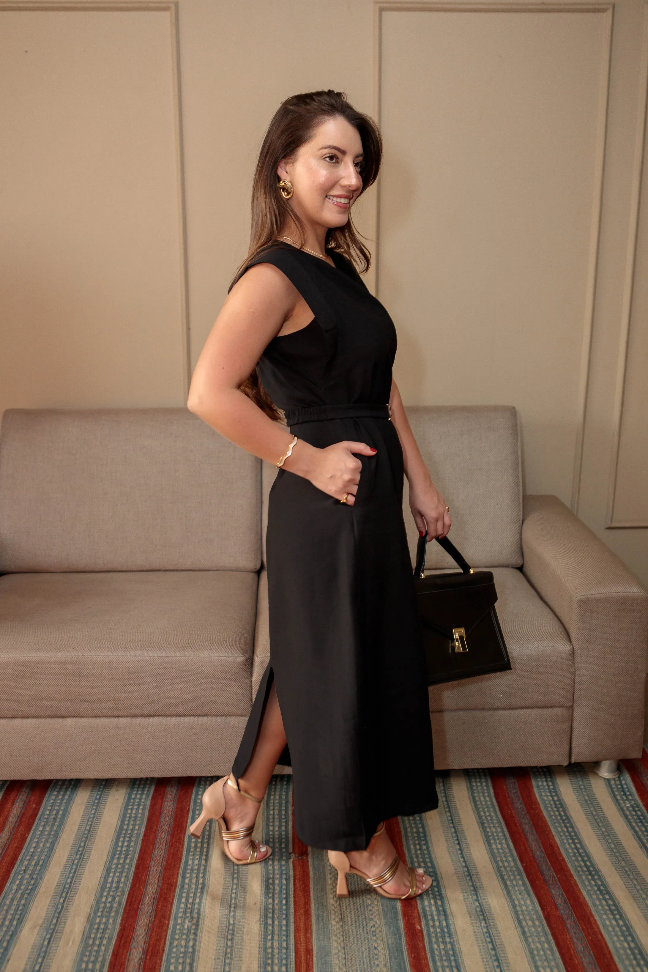 Vestido Detalhe Manga Com Cinto Leonor Preto