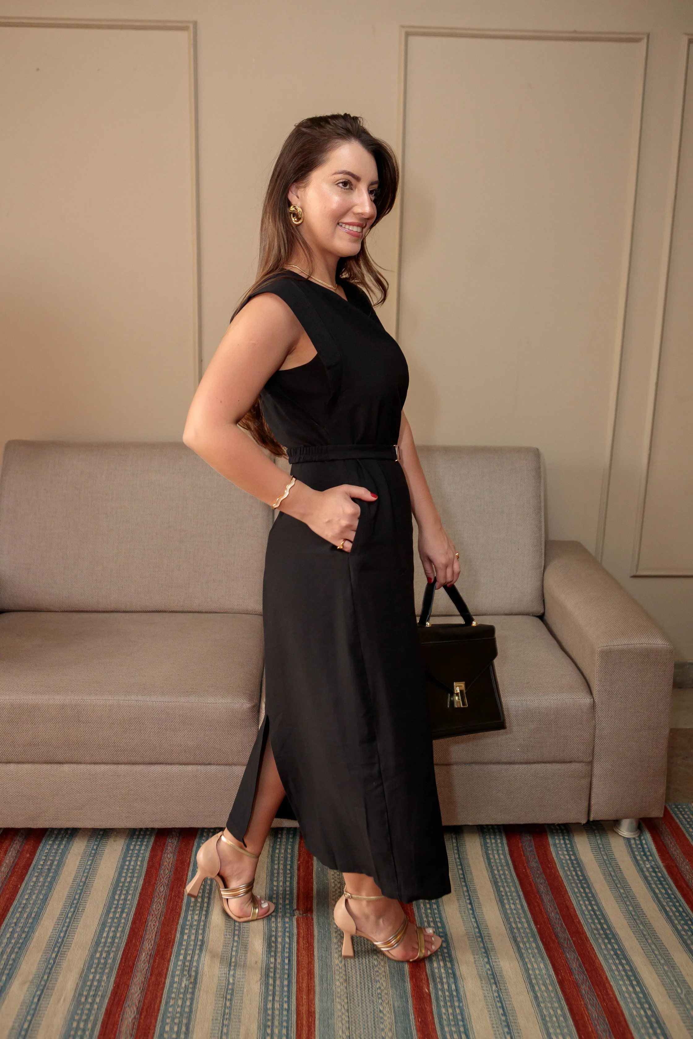 Vestido Detalhe Manga Com Cinto Leonor Preto